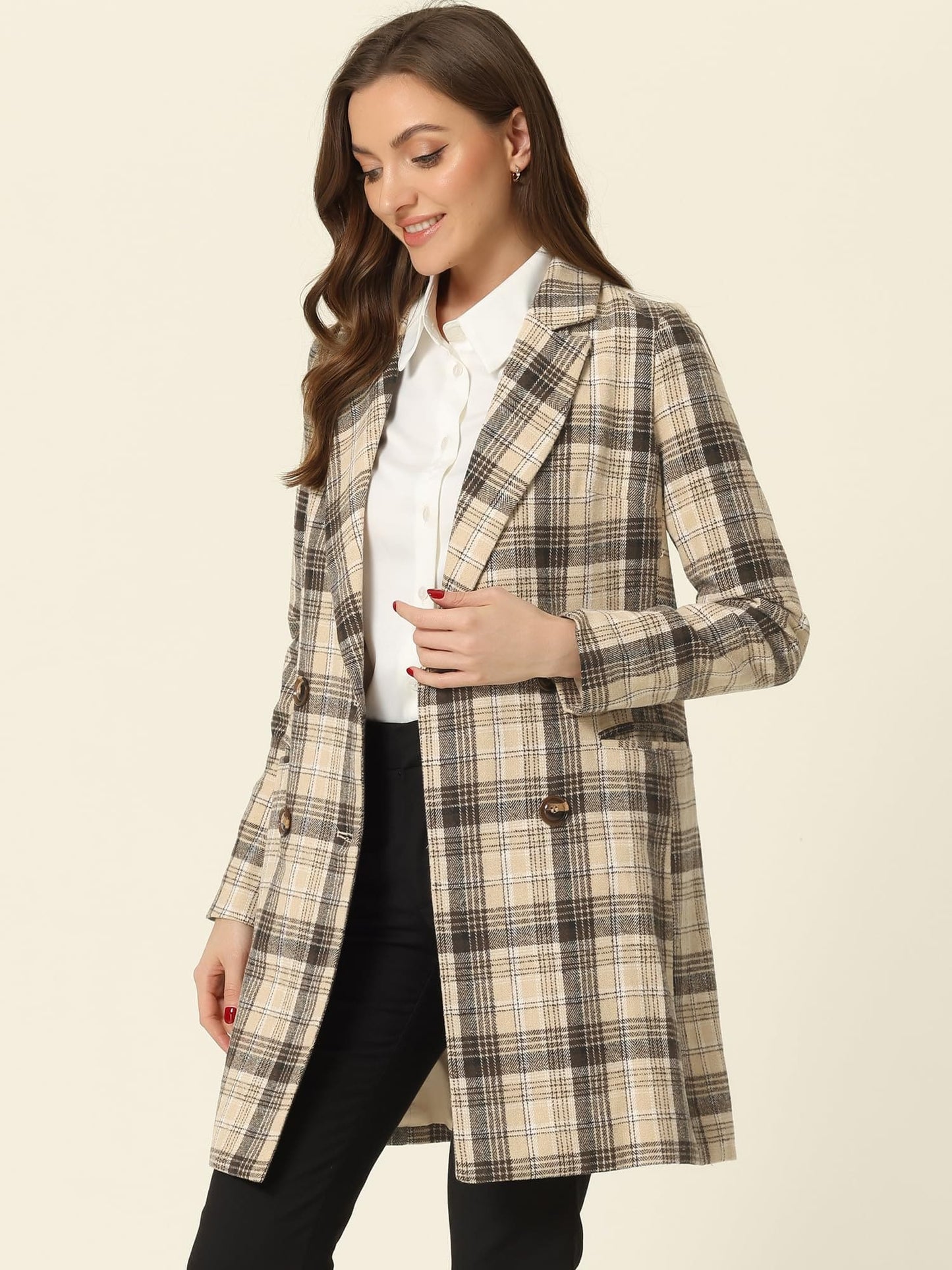 Allegra K Women's Double Breasted Notched Lapel Plaid Trench Blazer Coat