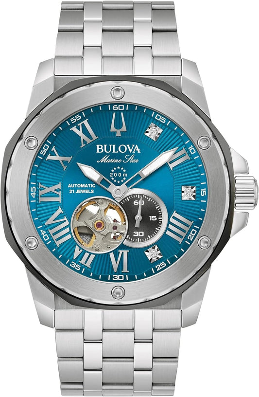 Bulova Marc Anthony Montre automatique Marine Star pour homme en acier inoxydable, ouverture ouverte, fond du boîtier d'exposition, cadran bleu soleillé avec accents de diamants (modèle : 98D184) 