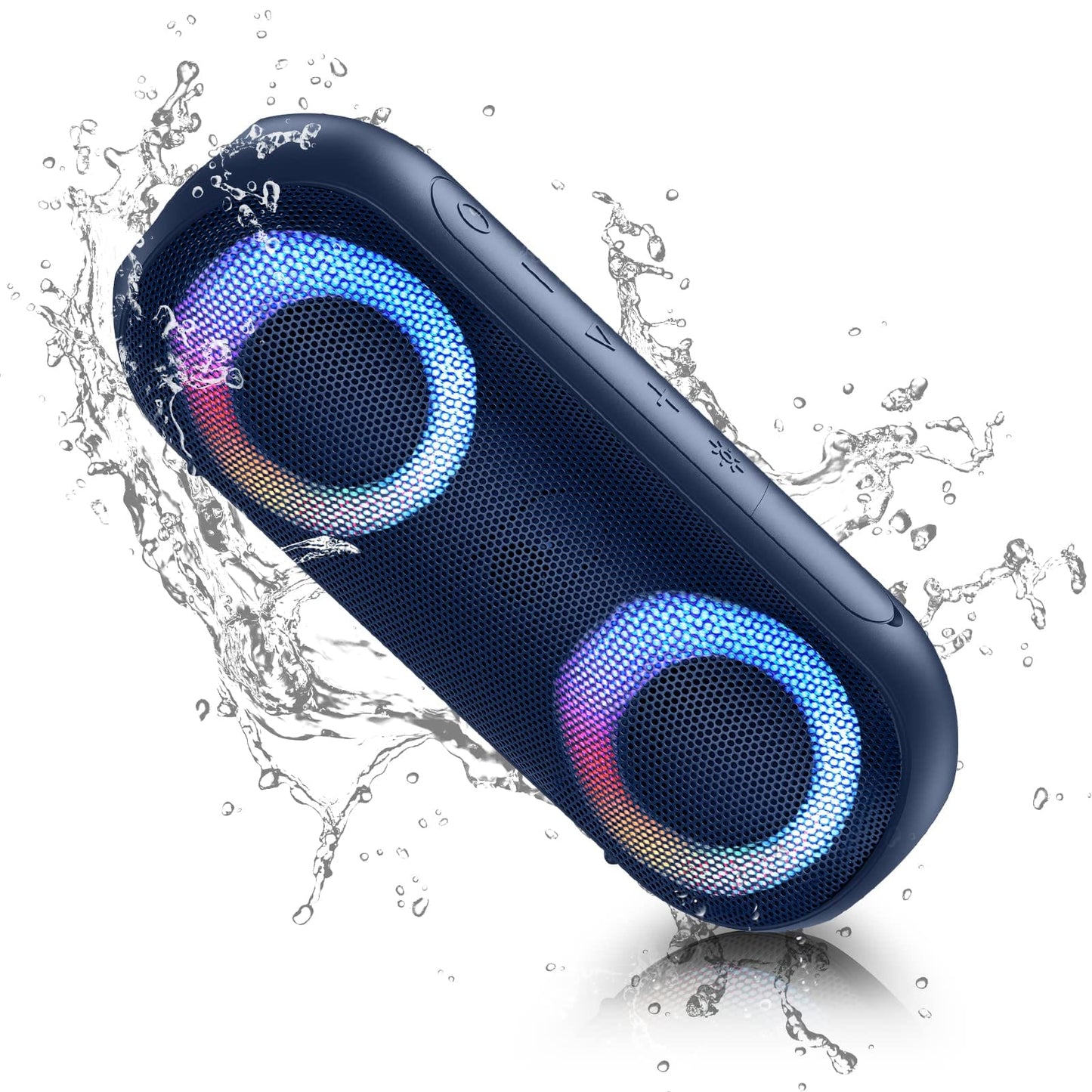 Altavoces Bluetooth con luz, Bluetooth inalámbrico portátil de 30 W (rango de 100 pies), sonido estéreo fuerte, altavoces de ducha impermeables IPX7, luces rítmicas multicolores RGB, tiempo de reproducción de 1000 minutos para interiores y exteriores 