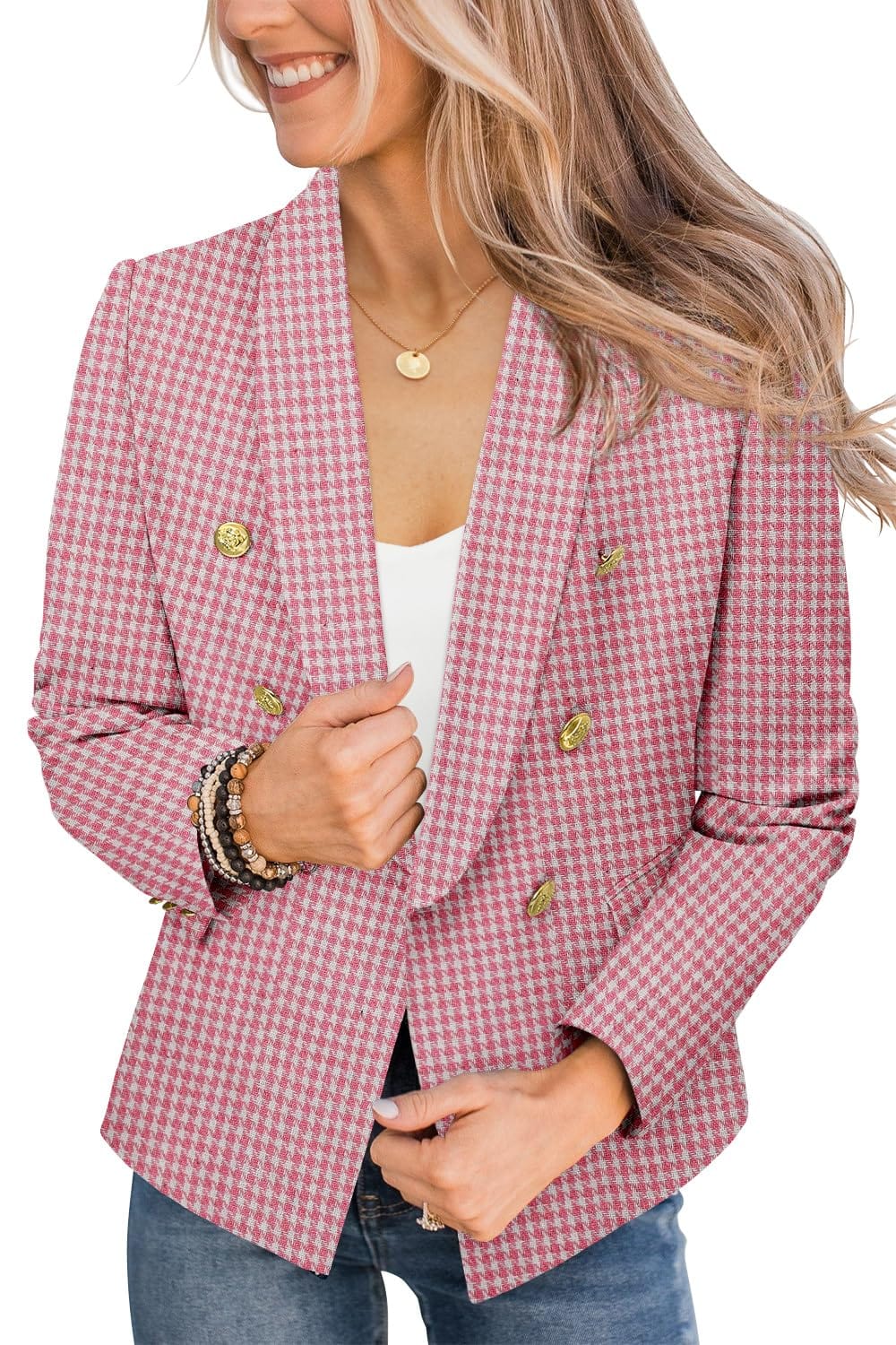 CRAZY GRID Chaqueta casual para mujer con botones dorados, manga larga, para trabajo, oficina, solapa, frente abierto