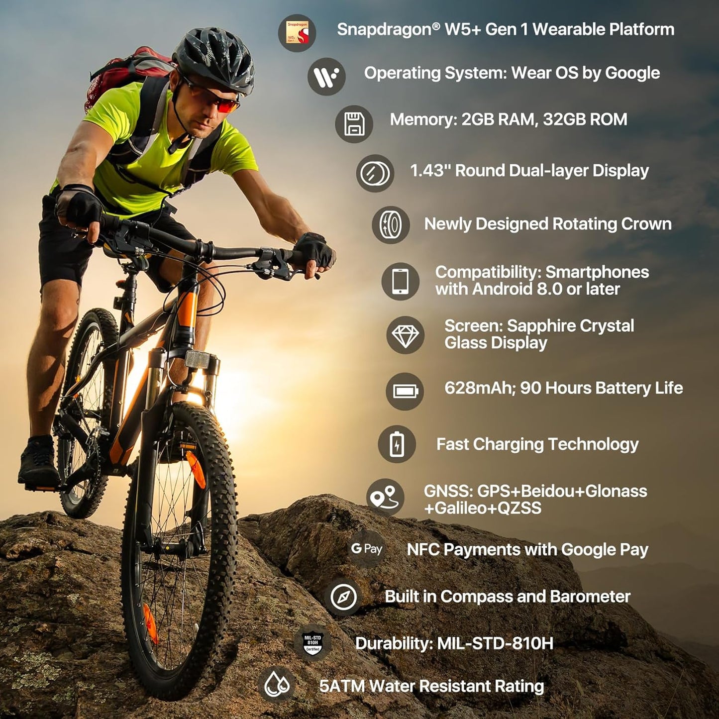 Ticwatch Pro 5 Enduro Smartwatch para hombres 1.43 "Android Wear OS Reloj inteligente 90 horas de batería 110+ modos de entrenamiento 7/24 Ritmo cardíaco Salud Rastreador de ejercicios al aire libre 5ATM GPS Brújula Solo compatible con Android 