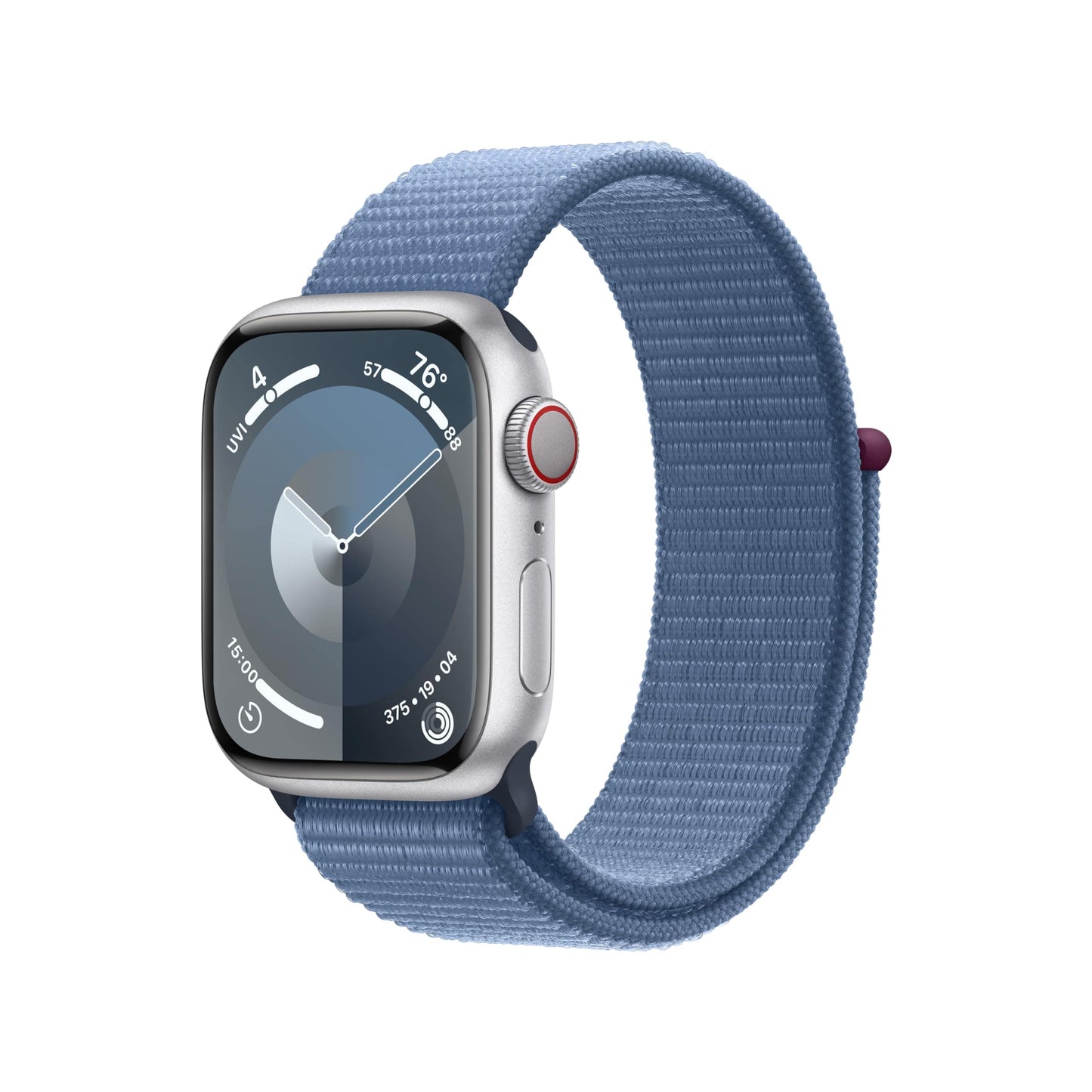 Montre intelligente Apple Watch Series 9 [GPS + Cellular 45 mm] avec boîtier en aluminium argenté avec boucle Sport bleu hiver. Tracker d'activité, applications ECG, écran Retina toujours activé, neutre en carbone 