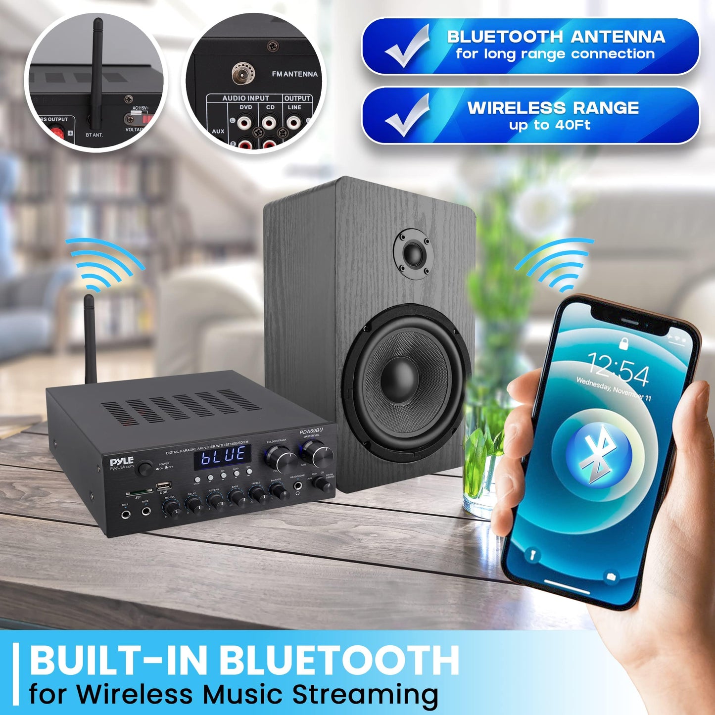 Pyle Bluetooth Home Audio Amplifier Receiver Stereo 300W Dual Channel Sound Audio System w/MP3, USB, SD, AUX, RCA, MIC, Headphone, FM, LED, Reverb Delay, for Home Theater Speakers, Studio - PDA69BU