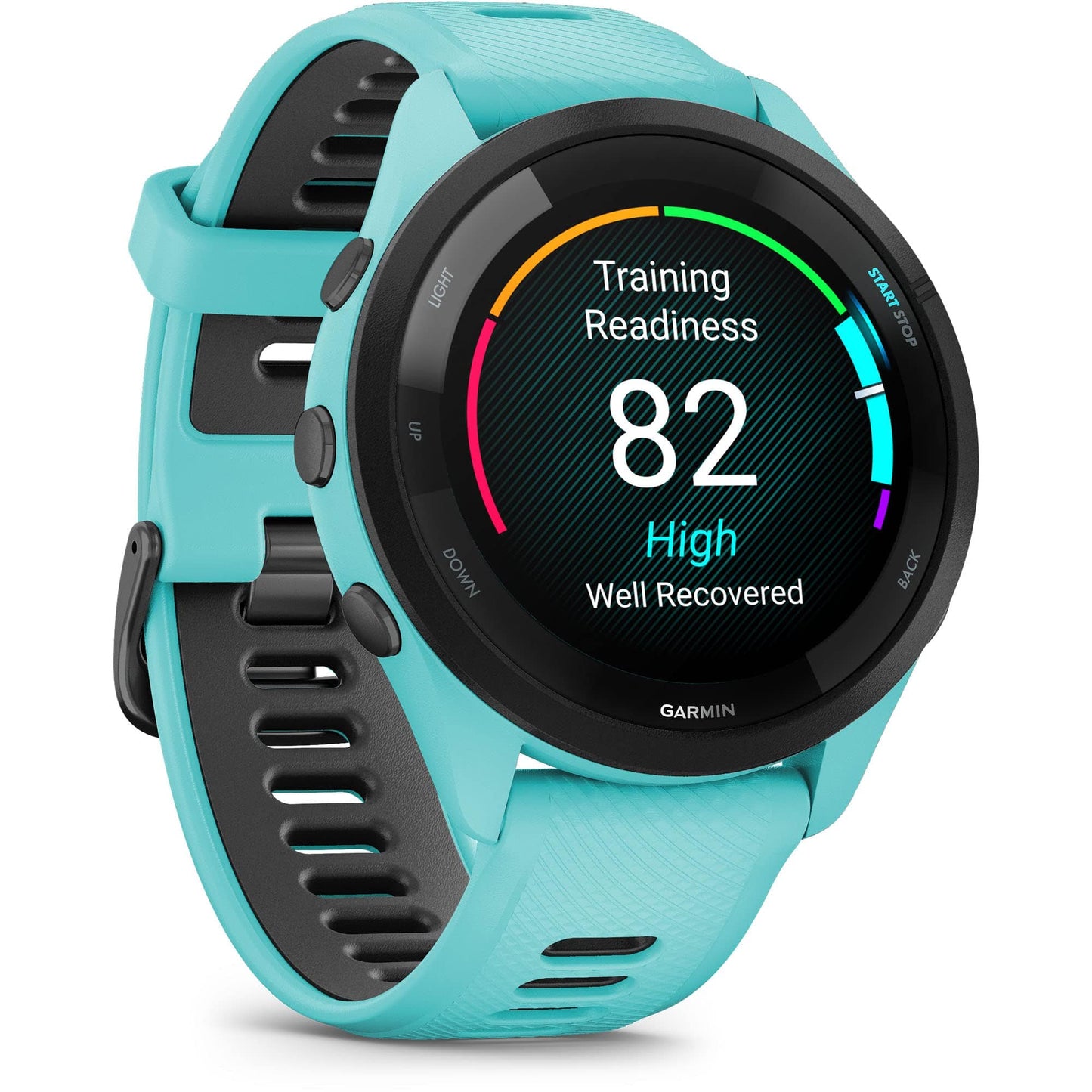 Montre intelligente de course Garmin Forerunner 265, écran AMOLED coloré, mesures d'entraînement et informations de récupération, pierre blanche et bleu marée 