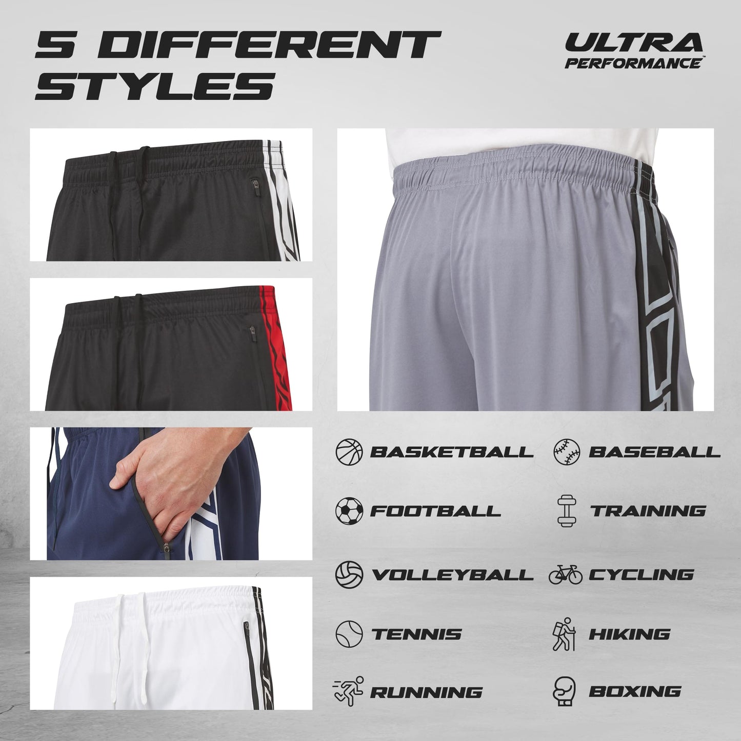 Ultra Performance Mens 5 Pack Athletic Running Shorts, Basketball Gym Workout Shorts for Men with Zippered Pockets