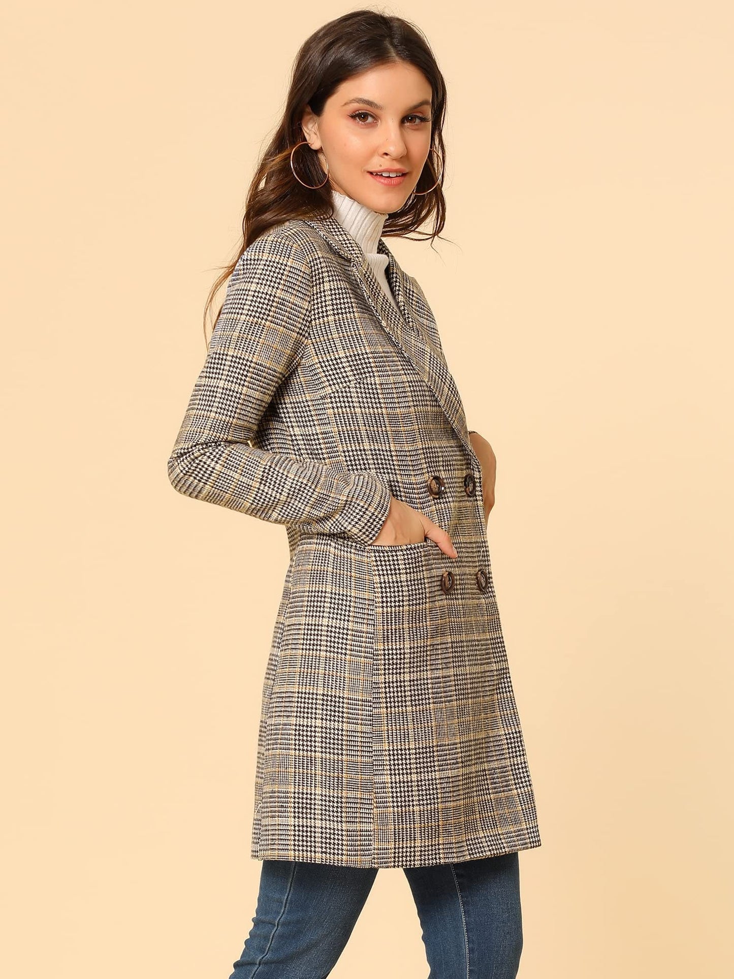 Allegra K Women's Double Breasted Notched Lapel Plaid Trench Blazer Coat