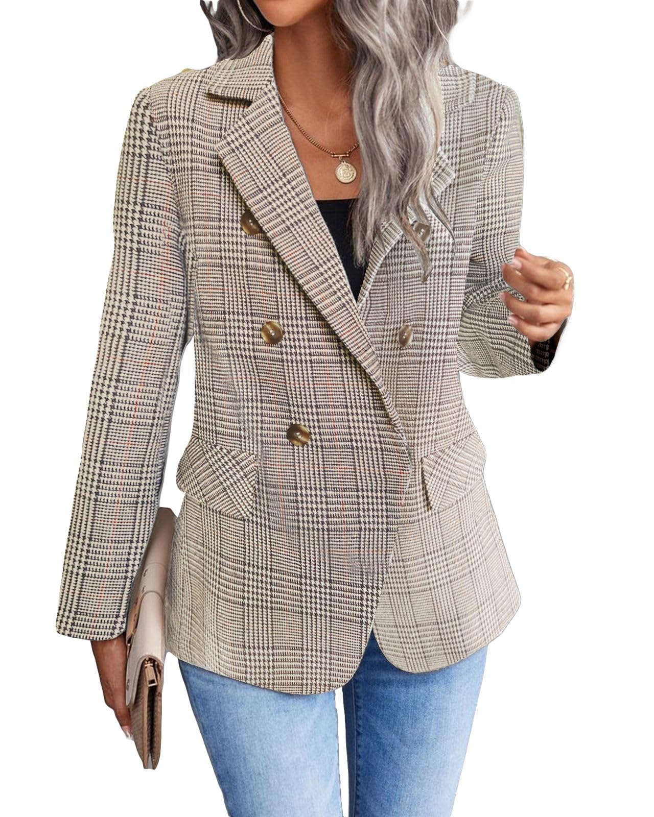 Womens Casual Blazer 2024 Spring Open Front Business Work Tweed Plaid Jacket Suit Pocket (S-XXL)