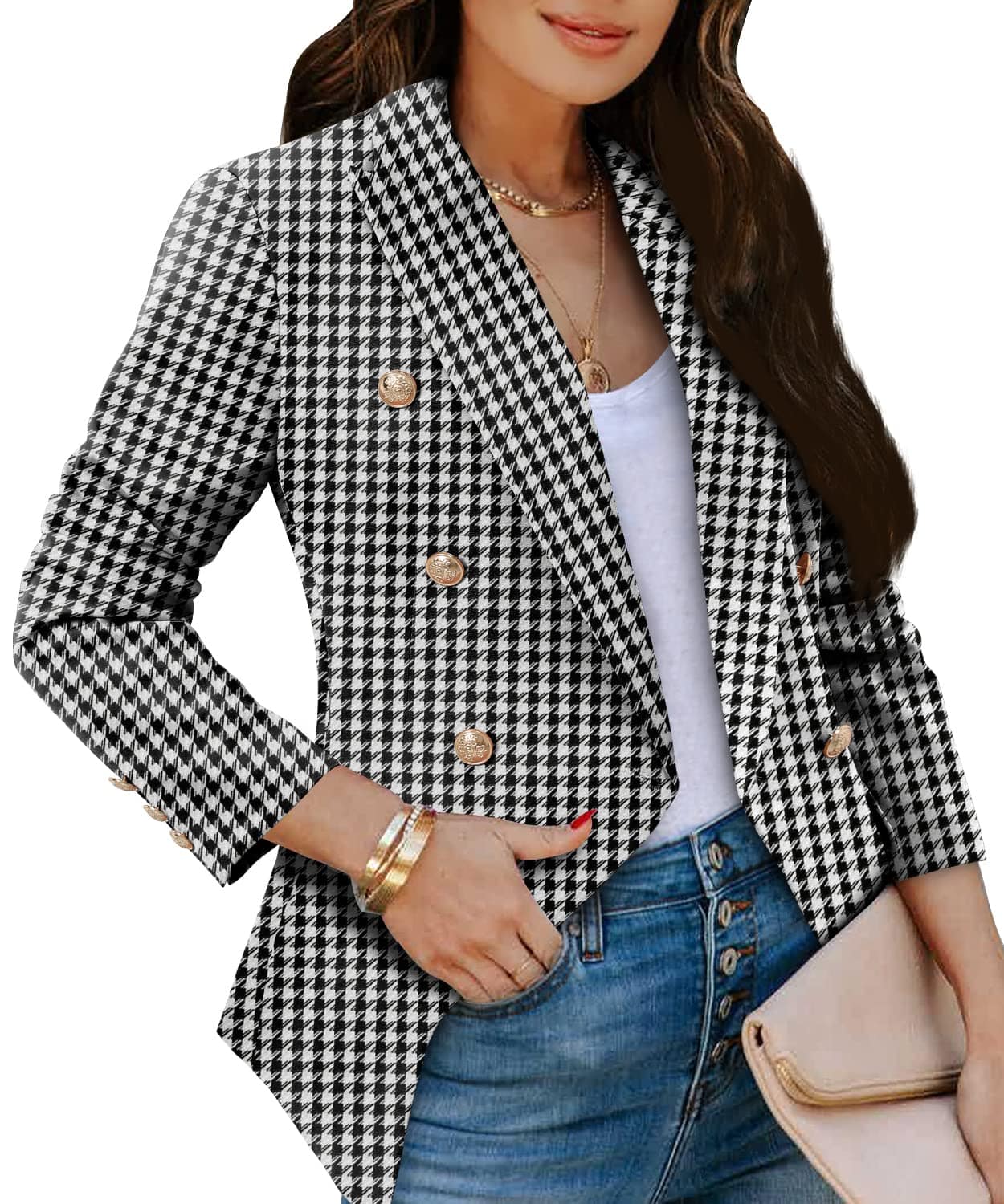 CRAZY GRID Veste blazer décontractée pour femme - Bouton doré - Manches longues - Bureau de travail - Revers ouvert sur le devant