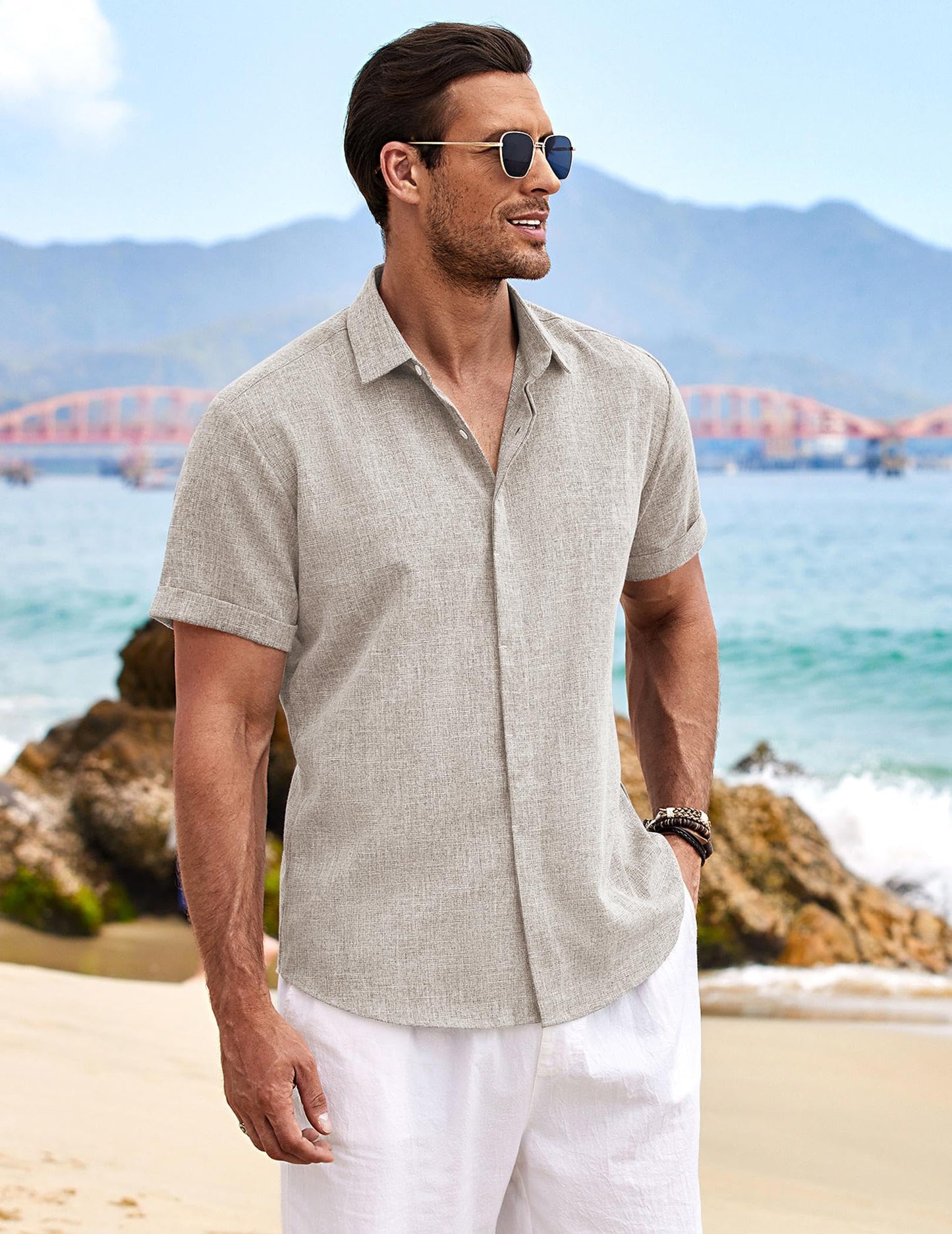 COOFANDY Men's Linen Shirts Short Sleeve Casual Shirts Button Down Shirt for Men Beach Summer Wedding Shirt