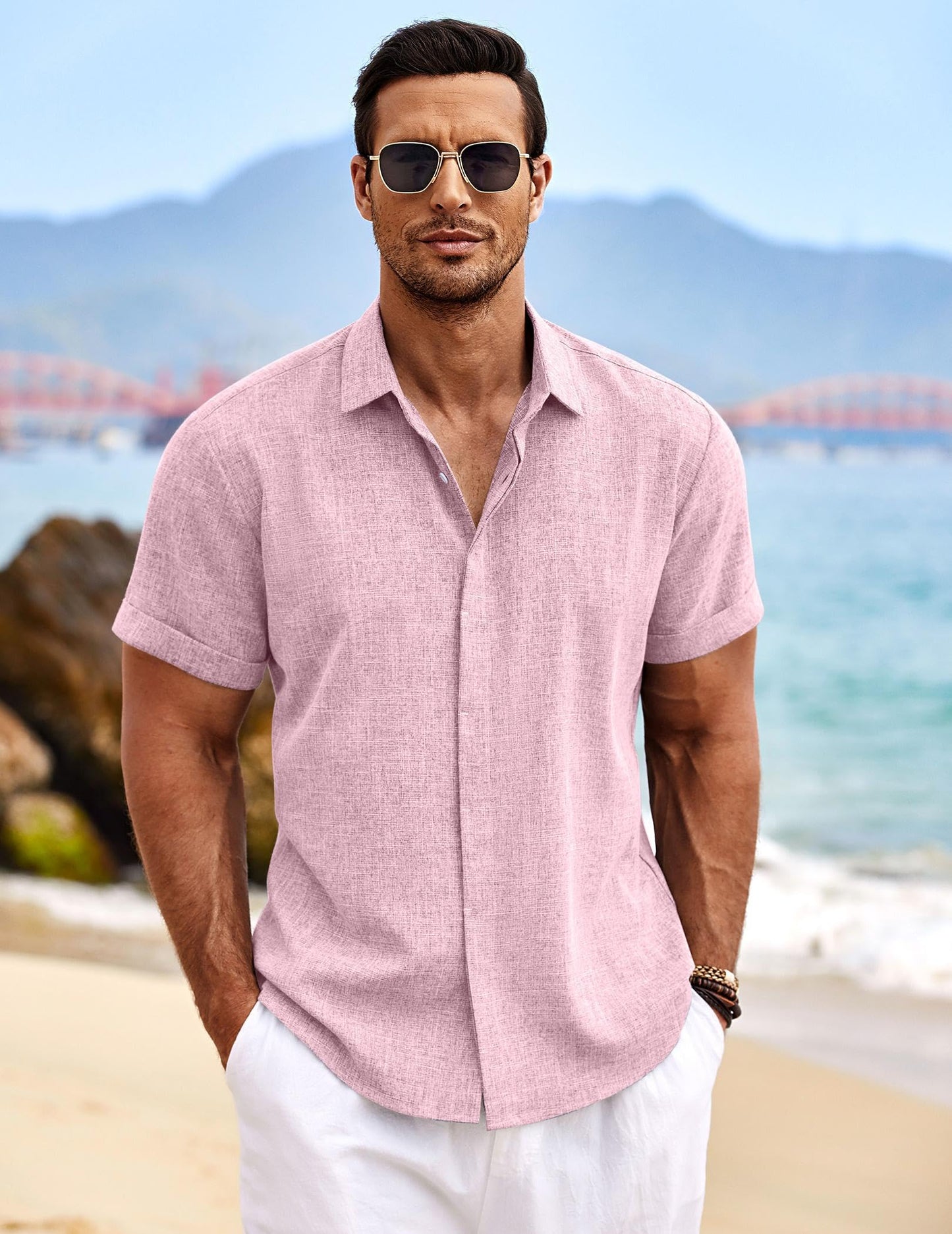 COOFANDY Men's Linen Shirts Short Sleeve Casual Shirts Button Down Shirt for Men Beach Summer Wedding Shirt