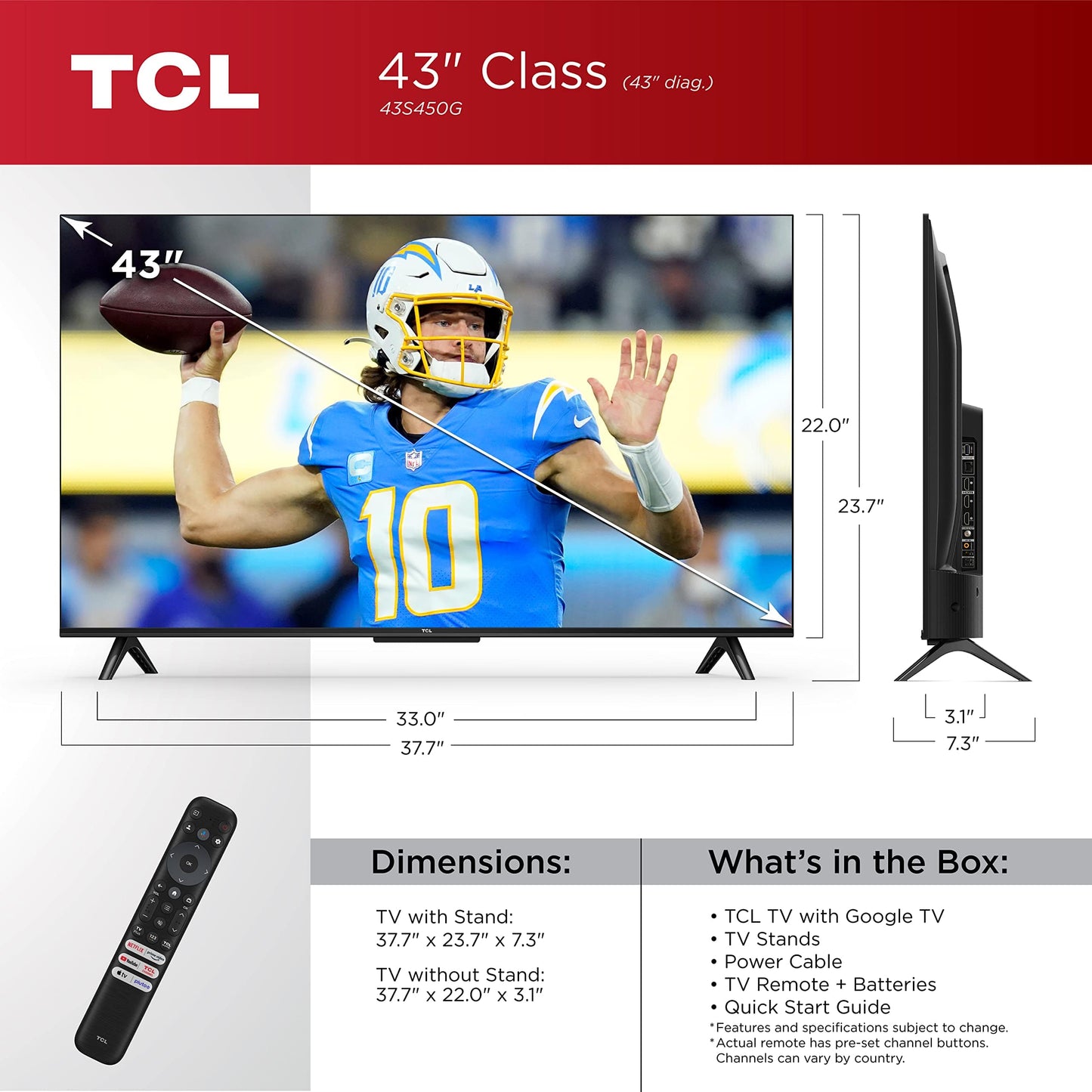 Téléviseur intelligent LED TCL 50 pouces classe S4 4K avec Google (50S450G, modèle 2023), Dolby Vision, HDR Pro, Atmos, assistant à distance vocale intégré, fonctionne avec Alexa, télévision UHD en streaming