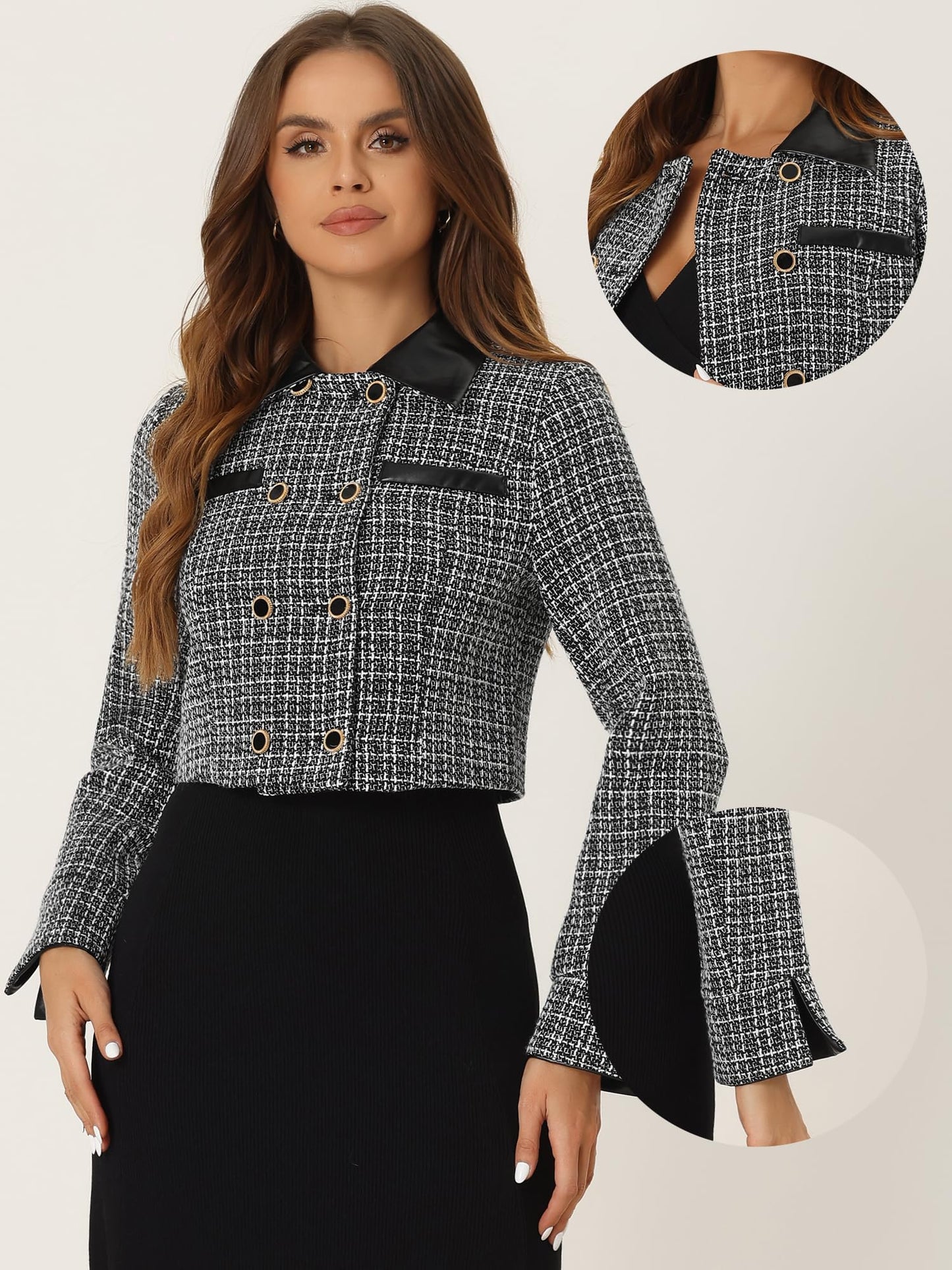 Allegra K Blazer à carreaux en tweed pour femme - Col contrasté - Double boutonnage - Veste courte vintage