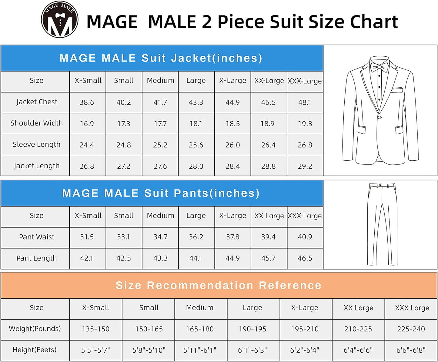 MAGE MALE Men's 2 Piece Suit One Button Slim Fit Formal Wedding Prom Tuxedo Suits Blazer Pants with Bow Tie Set