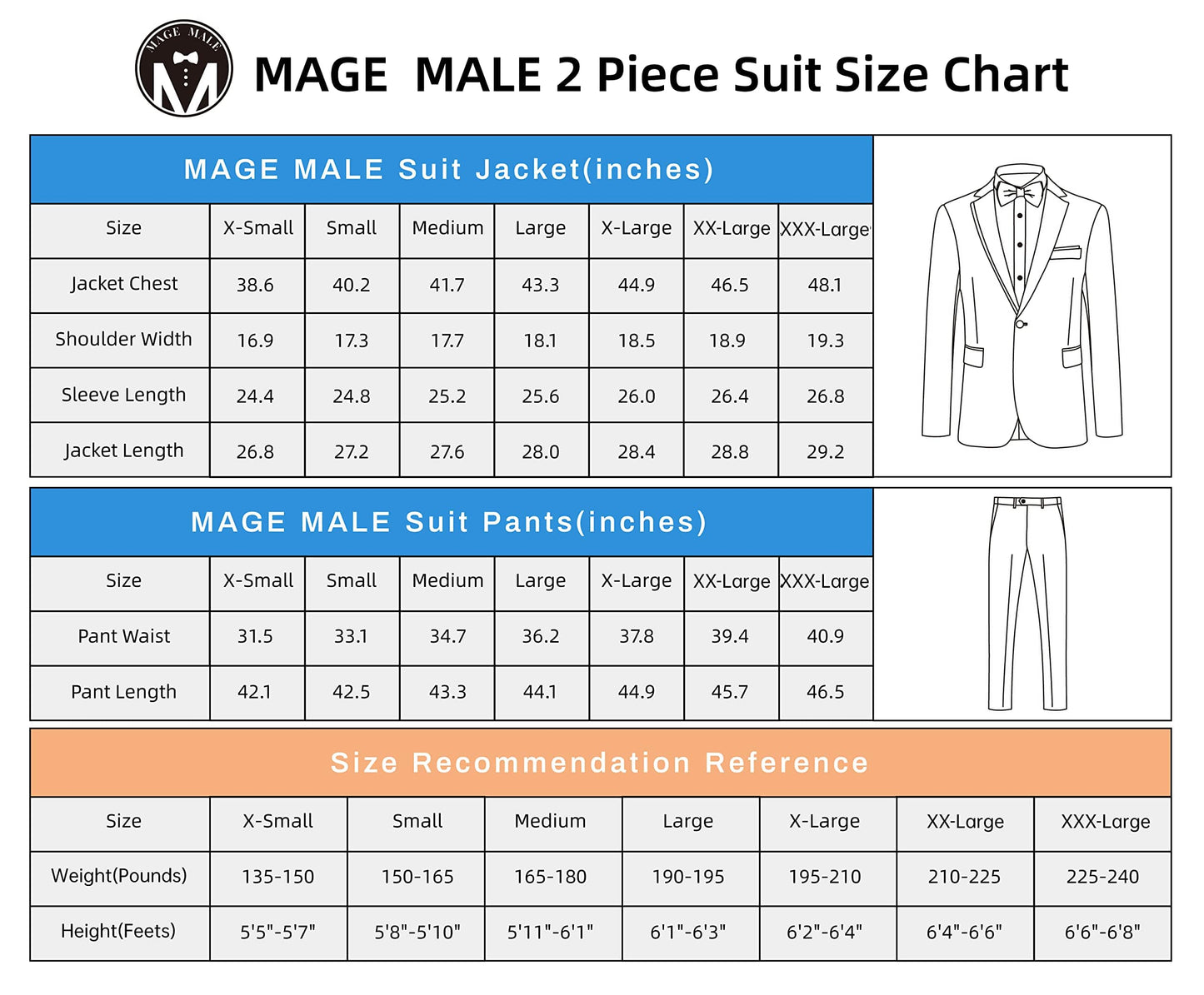 MAGE MALE Men's 2 Piece Suit One Button Slim Fit Formal Wedding Prom Tuxedo Suits Blazer Pants with Bow Tie Set