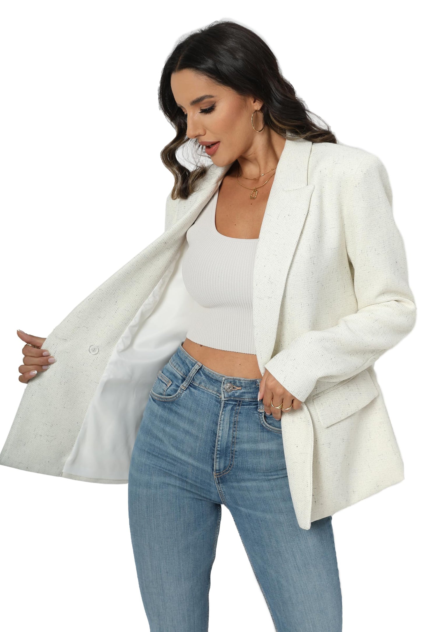 Chaqueta de traje de gran tamaño con doble botonadura para mujer, chaqueta de manga larga, informal, estilo novio, chaqueta de trabajo para oficina con bolsillos