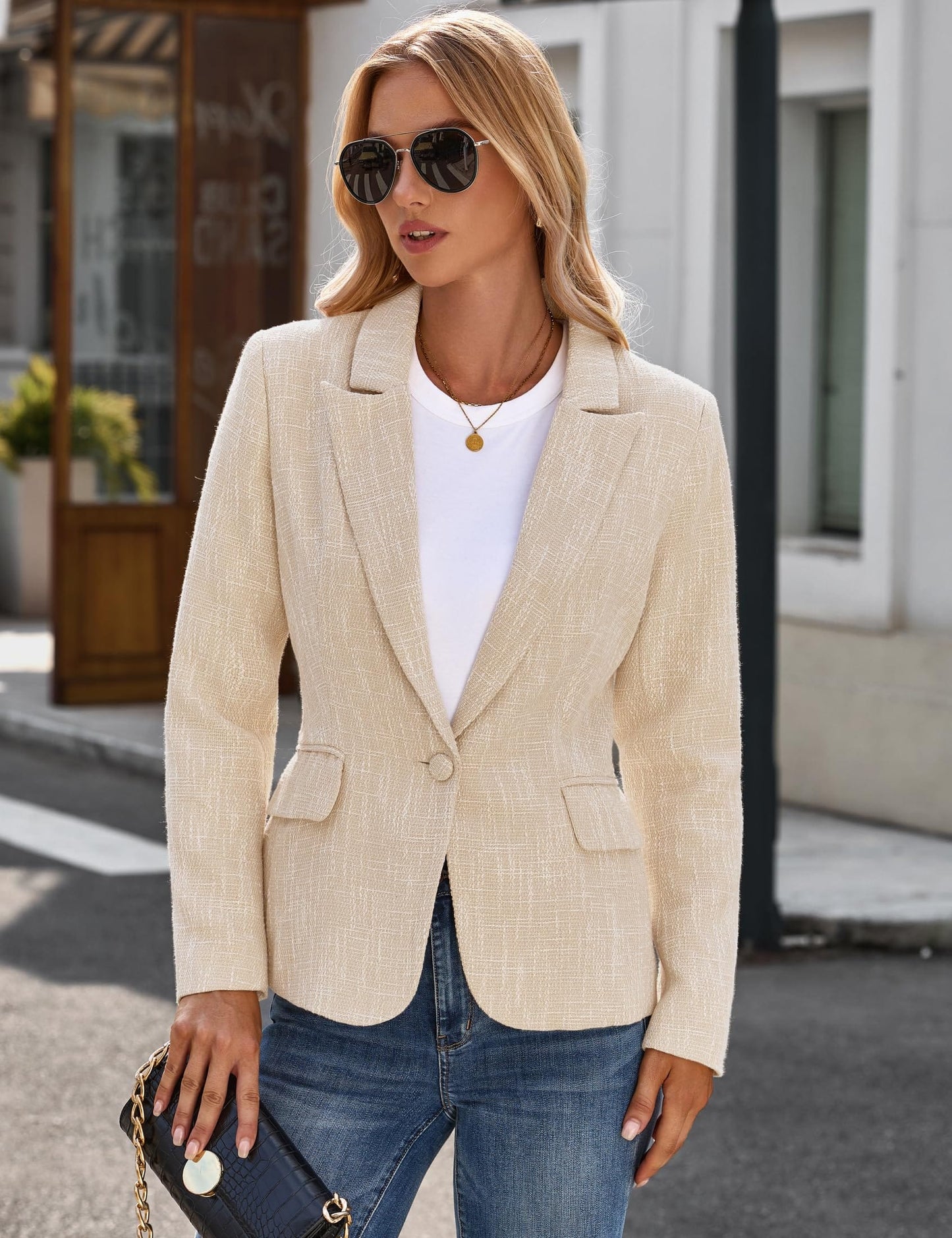 luvamia Tweed Blazers para mujer de negocios casual elegante chaqueta trajes de trabajo oficina profesional trajes de manga larga