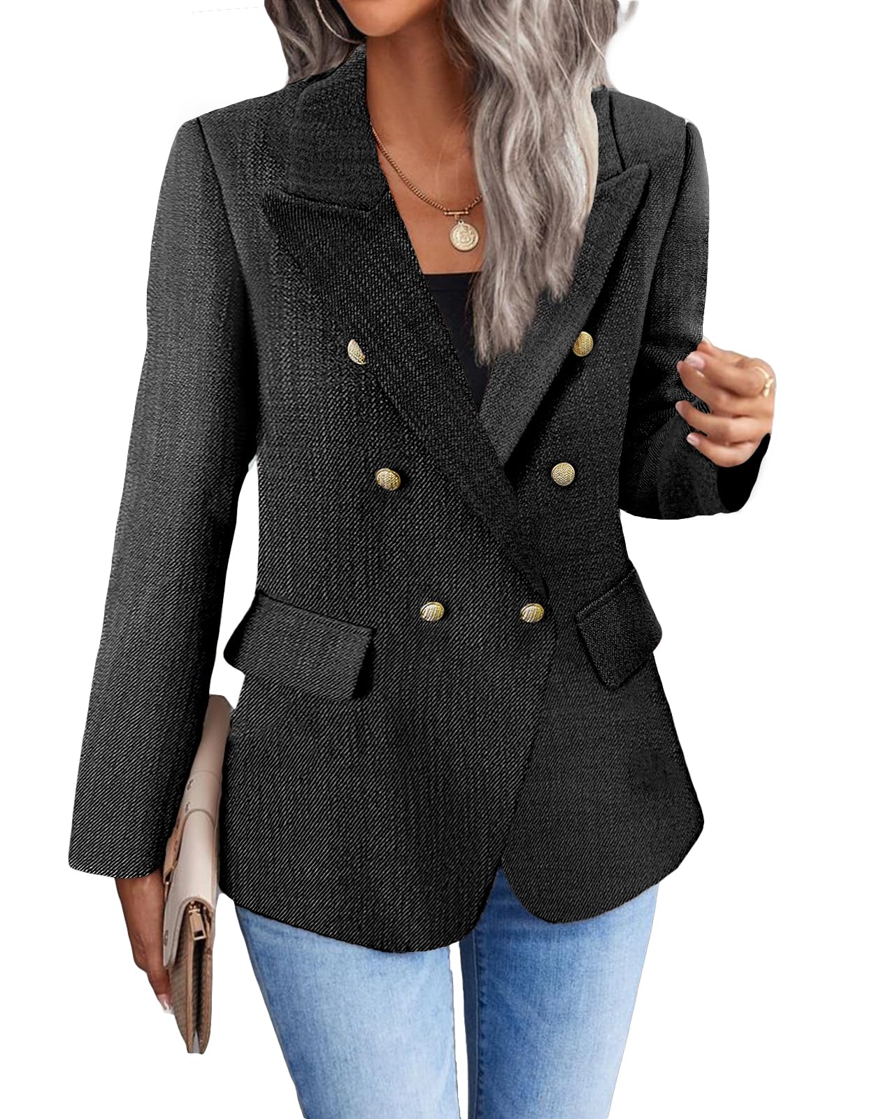 Womens Casual Blazer 2024 Spring Open Front Business Work Tweed Plaid Jacket Suit Pocket (S-XXL)