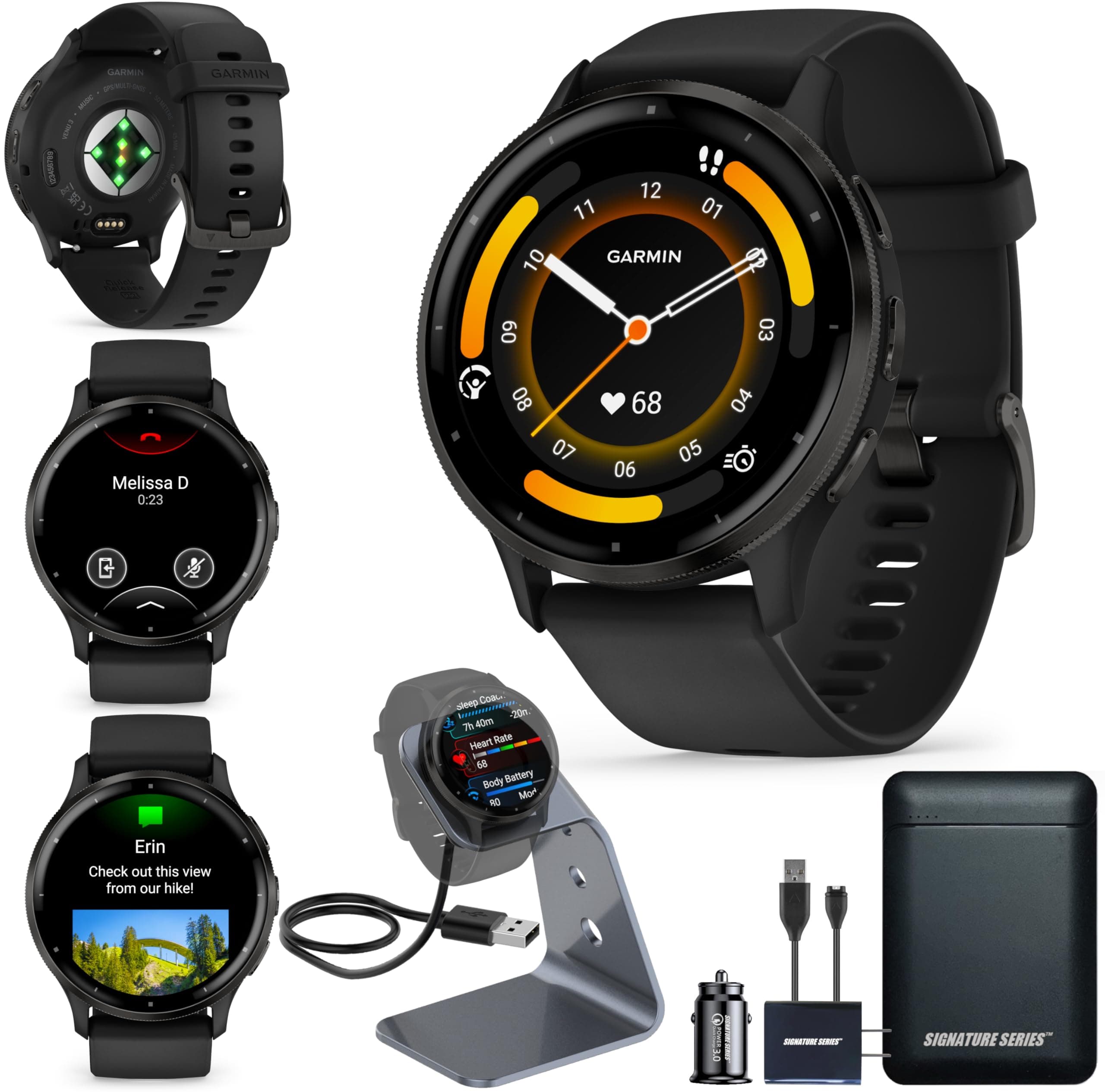 Garmin Venu 3, montre intelligente GPS avec écran AMOLED, noir | Fonctionnalités avancées de santé et de remise en forme, autonomie de la batterie jusqu'à 14 jours, surveillance de l'énergie de la batterie corporelle avec Signature Power Bundle 