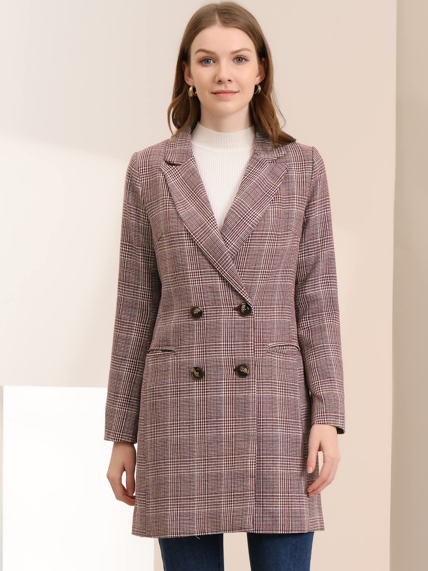 Allegra K Women's Double Breasted Notched Lapel Plaid Trench Blazer Coat