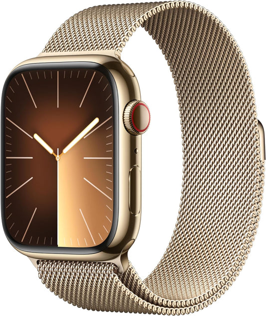 Apple Watch Series 9 [GPS + Cellular 45mm] Smartwatch with Gold Stainless Steel Case with Gold Milanese Loop. Fitness Tracker, Blood Oxygen & ECG Apps, Always-On Retina Display