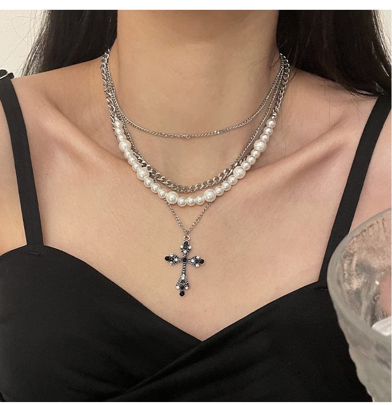 Collier avec pendentif en croix de perles multicouches personnalisé pour femmes, chaîne de clavicule, de tempérament, bijoux, accessoires, cadeaux