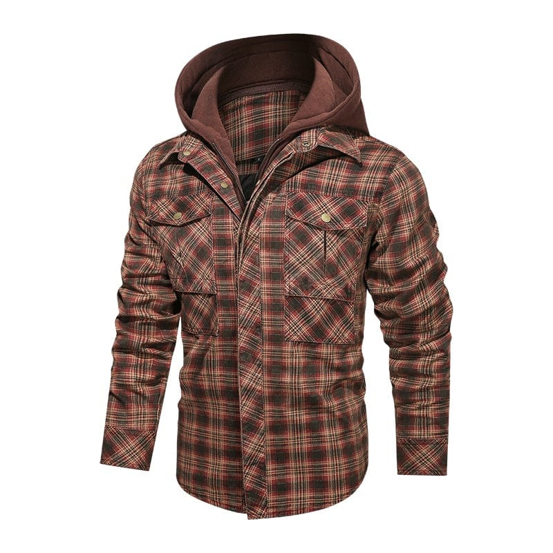 Men Long-sleeved Plaid Jacket Regular Fit Fleece Detachable Hoodies Jackets