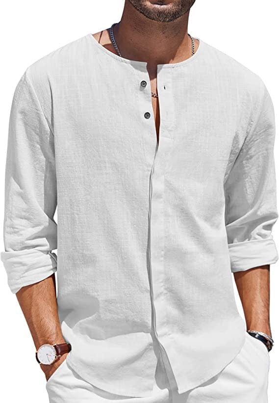 Camiseta de lino y algodón para hombre, cuello decorado con botones, camisa de playa informal