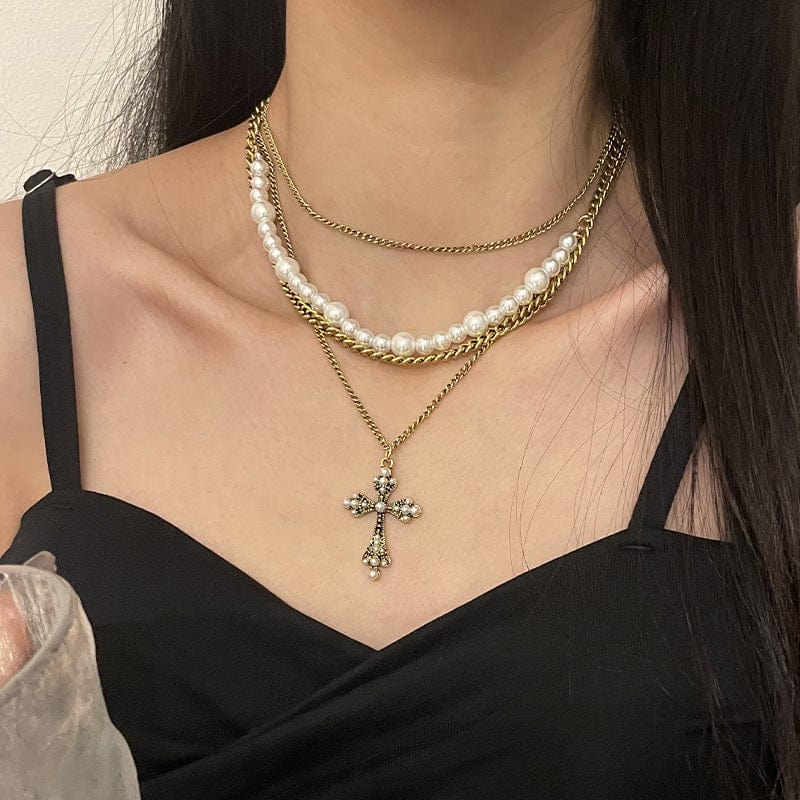 Collier avec pendentif en croix de perles multicouches personnalisé pour femmes, chaîne de clavicule, de tempérament, bijoux, accessoires, cadeaux