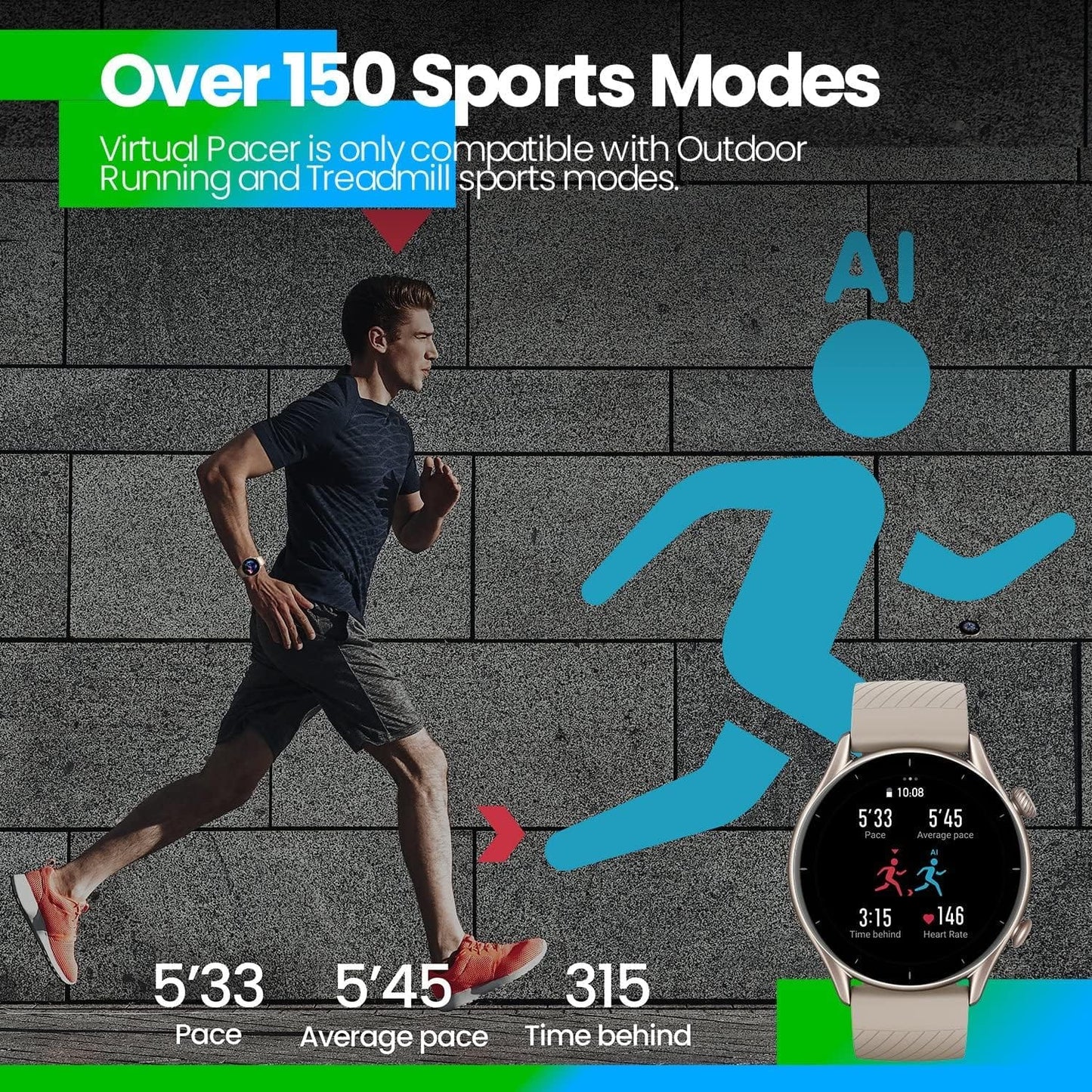 Montre intelligente Amazfit GTR 3 Pro pour hommes, autonomie de 12 jours, Alexa intégrée, appels et SMS Bluetooth, GPS et 150 modes sportifs, écran AMOLED 1,45", montre de fitness avec suivi de fréquence cardiaque SpO2, noir 