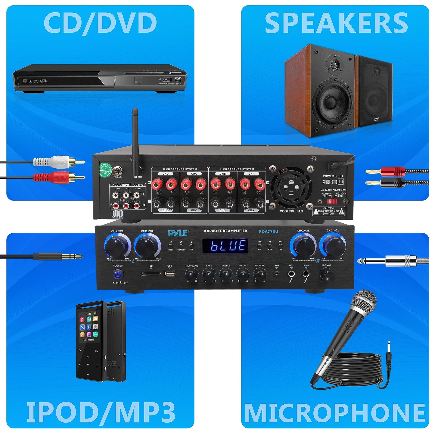 Pyle Amplificateur audio home cinéma Bluetooth Récepteur stéréo 4 canaux 500 W Système audio avec MP3, USB, SD, AUX, RCA, FM, MIC, casque, délai de réverbération, volume LED, pour haut-parleurs maison/studio/théâtre 