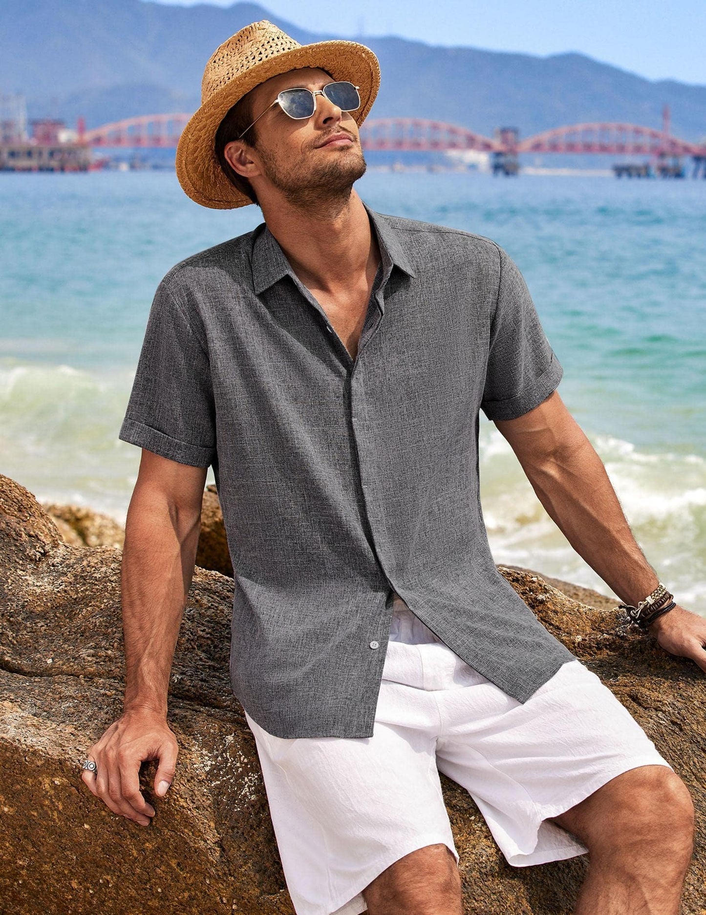 COOFANDY Men's Linen Shirts Short Sleeve Casual Shirts Button Down Shirt for Men Beach Summer Wedding Shirt