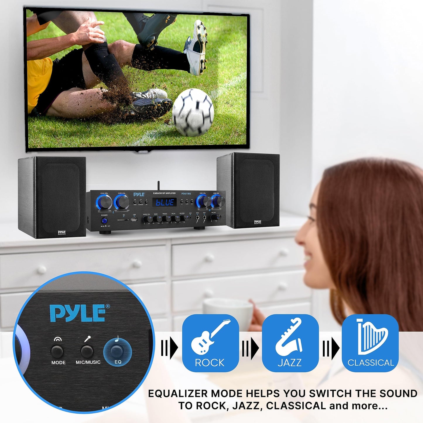 Pyle Amplificateur audio home cinéma Bluetooth Récepteur stéréo 4 canaux 500 W Système audio avec MP3, USB, SD, AUX, RCA, FM, MIC, casque, délai de réverbération, volume LED, pour haut-parleurs maison/studio/théâtre 