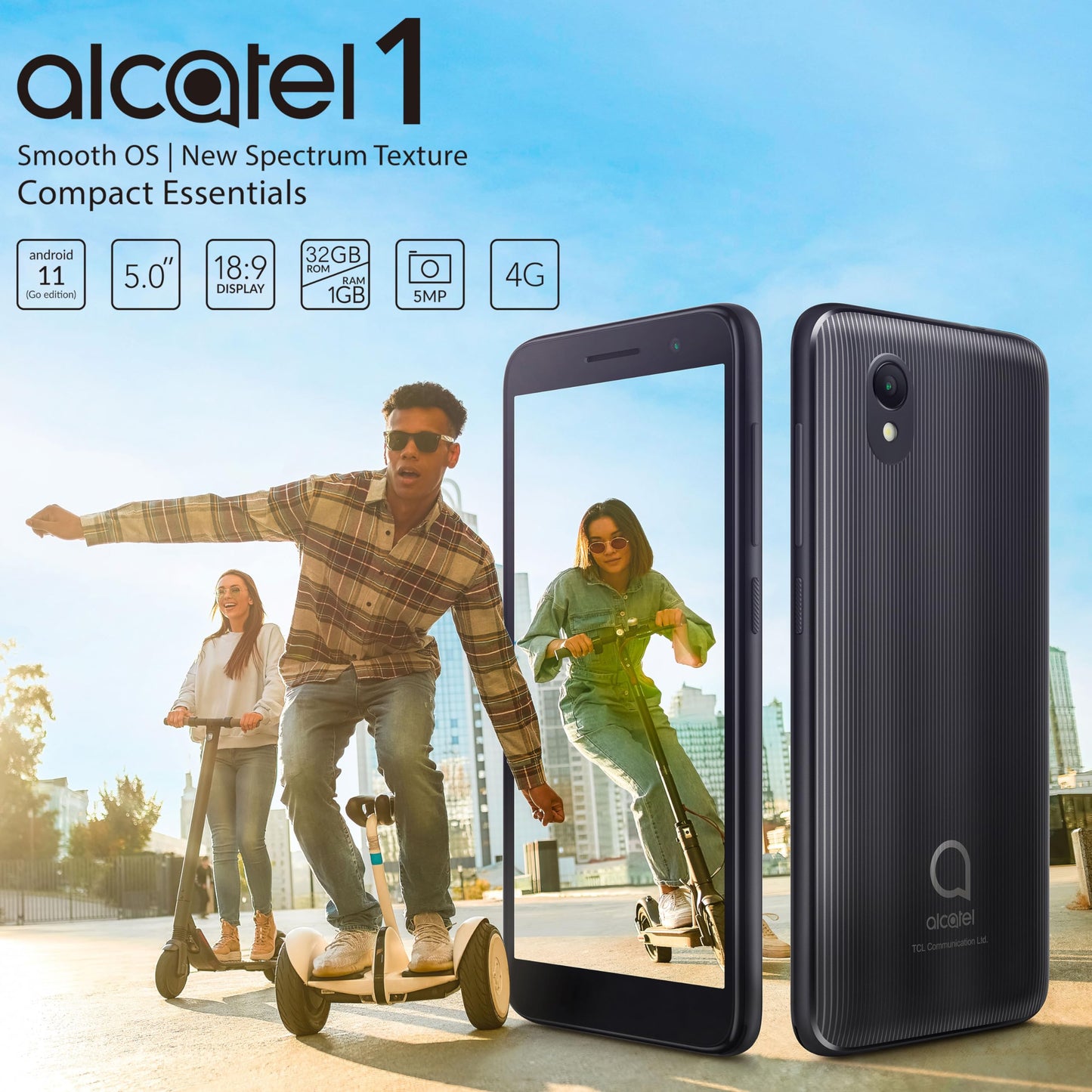 Alcatel 1 (32GB) Pantalla completa de 5.0" - Batería extraíble - Dual SIM GSM desbloqueado Versión internacional 4G LTE para EE. UU. y Global - Negro volcán