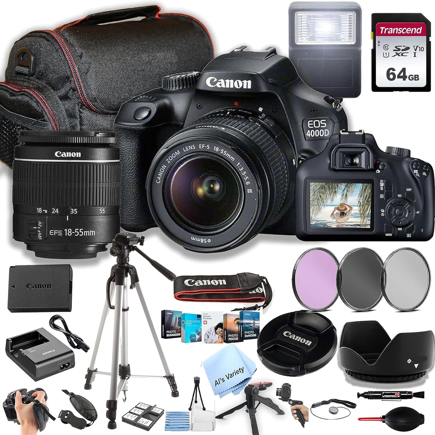 Canon EOS 4000D / Rebel T100 Appareil photo reflex numérique avec objectif zoom EF-S 18-55 mm F/3.5-5.6 + mémoire 64 Go, filtres, étui, trépied, flash et plus (lot de 34 pièces) (renouvelé) 