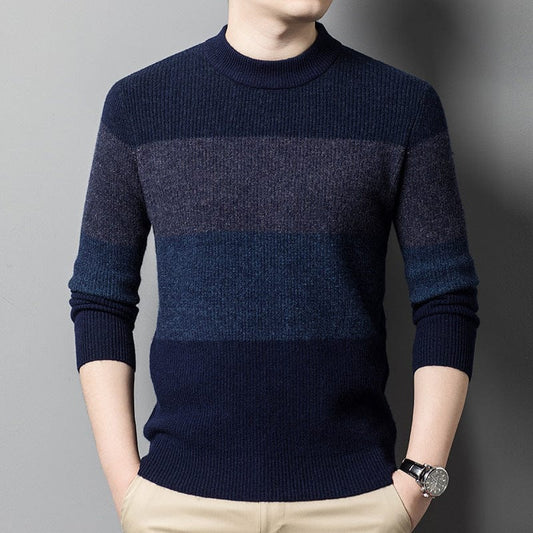 Winter Men's Thick Sweater Middle-aged Worsted High Quality Round Neck Striped Casual