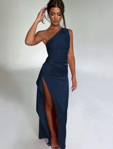 Vestido sexy de un solo hombro con espalda descubierta y abertura, vestidos de satén de Color liso ajustados elegantes de verano para mujer