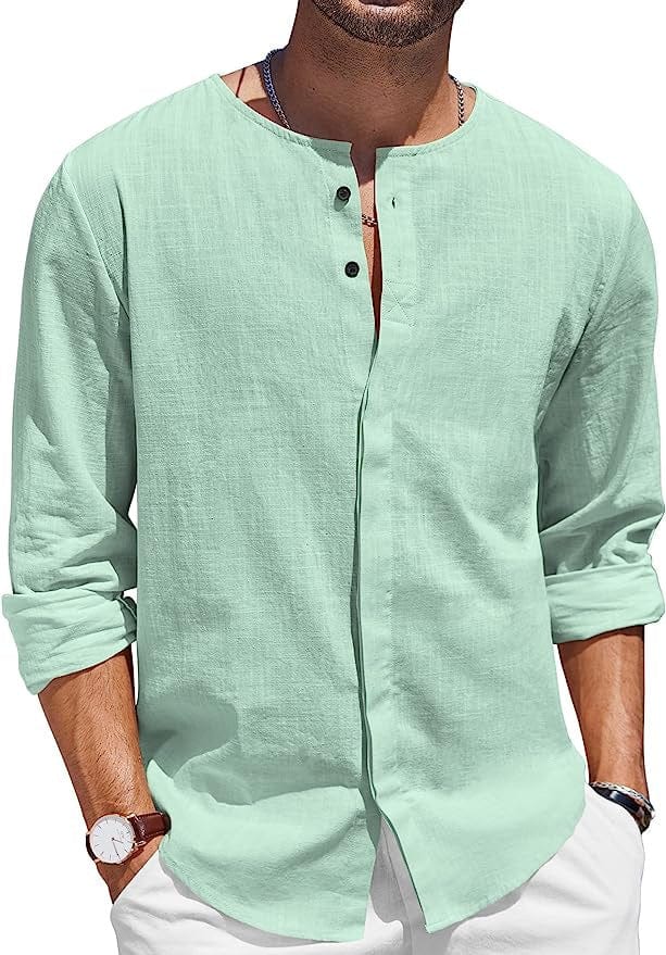 Camiseta de lino y algodón para hombre, cuello decorado con botones, camisa de playa informal