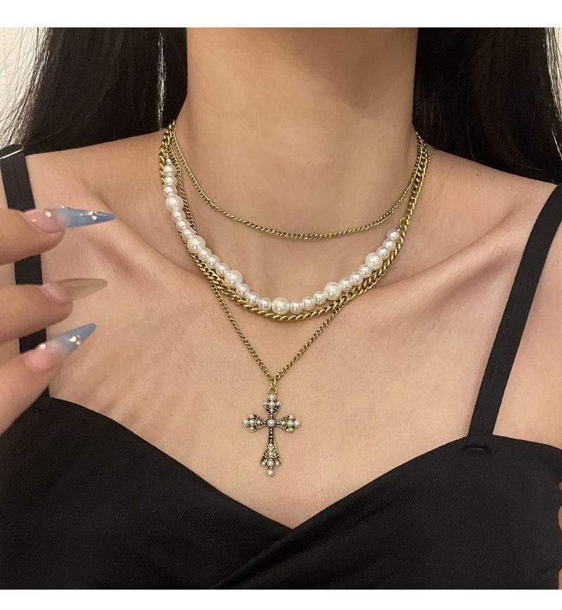 Collier avec pendentif en croix de perles multicouches personnalisé pour femmes, chaîne de clavicule, de tempérament, bijoux, accessoires, cadeaux