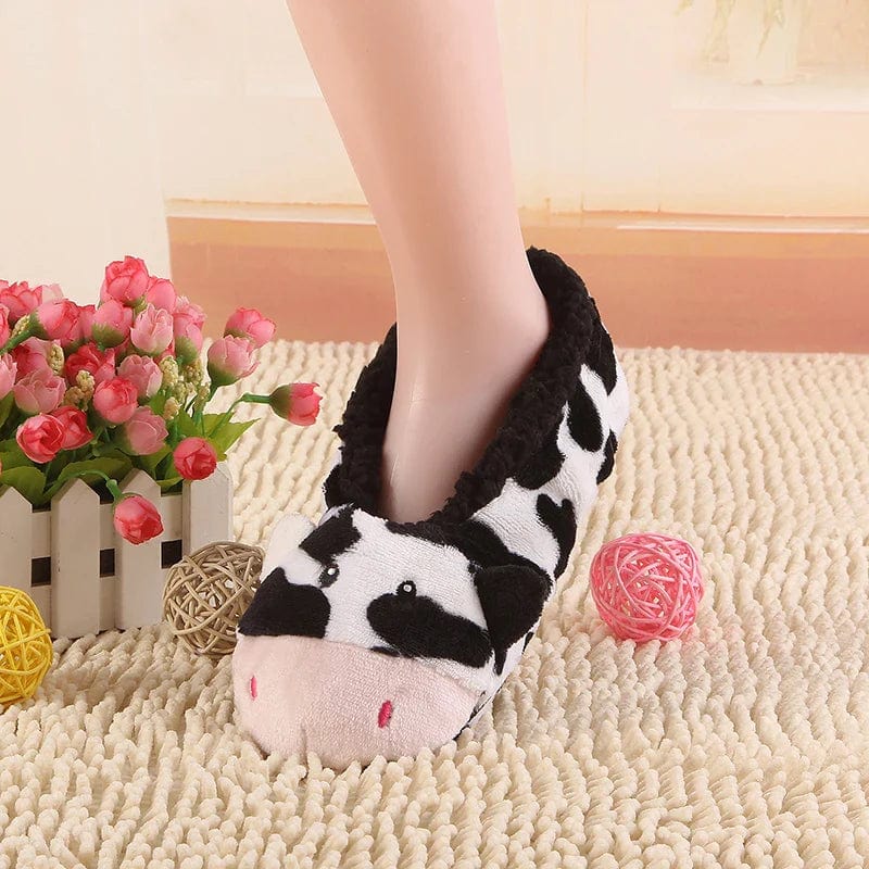 2019 New Warm Flats Soft Sole Women Indoor Floor Slippers/Shoes Animal Shape Gray Cows Pink Flannel Home Slippers Color Xpress