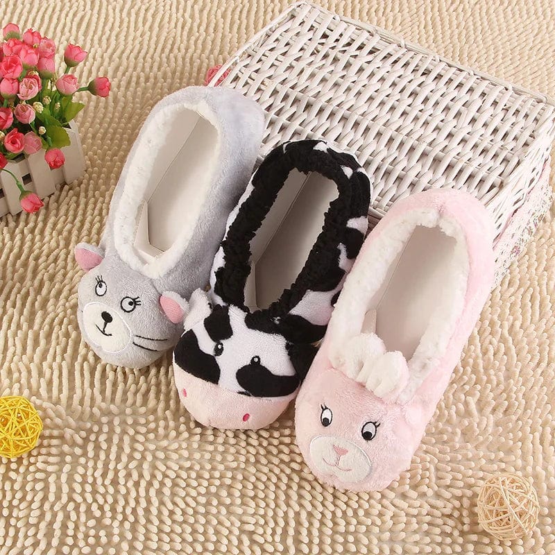 2019 New Warm Flats Soft Sole Women Indoor Floor Slippers/Shoes Animal Shape Gray Cows Pink Flannel Home Slippers Color Xpress