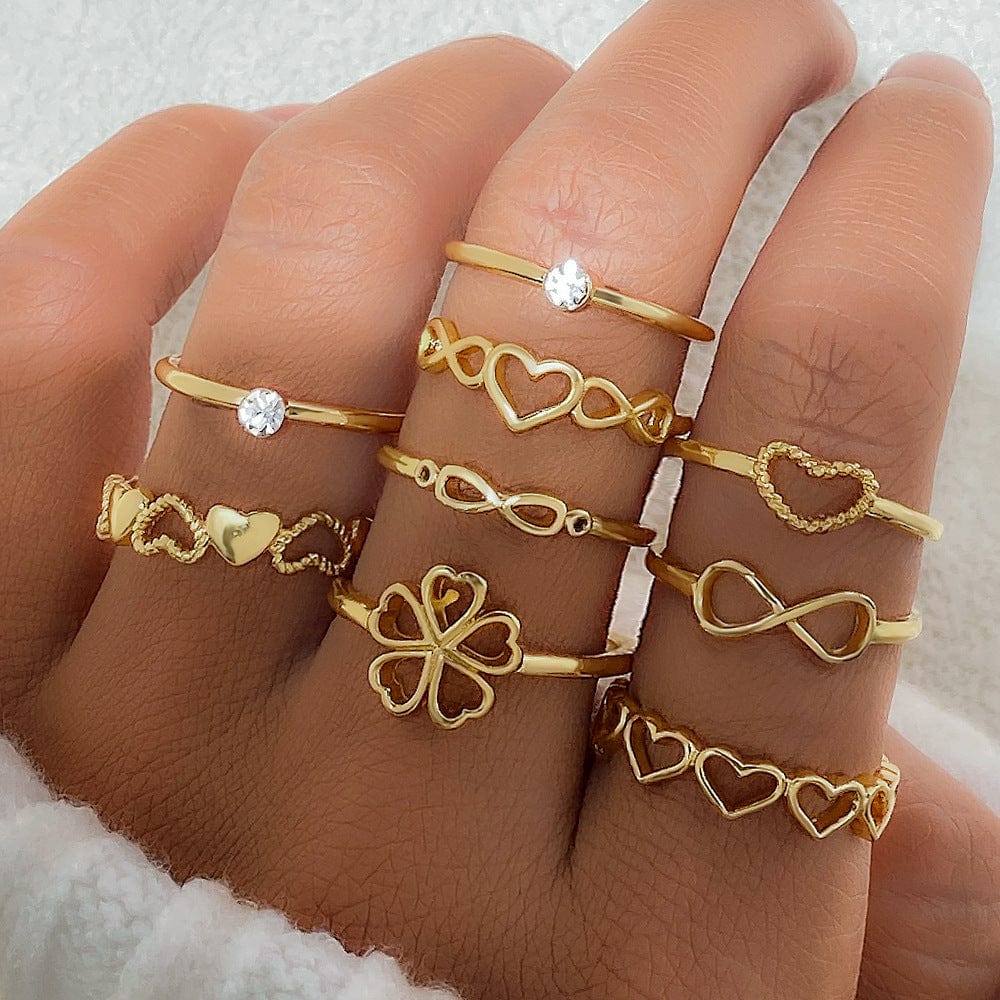 Anillos de corazón de Color dorado, conjuntos de 9 Uds para mujer, anillos de dedo de mariposa geométricos irregulares huecos Vintage, accesorios de joyería de moda Gif