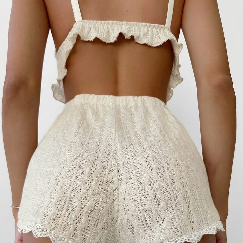 Hollow Out Pajamas Two-piece Set Lace Lace Spaghetti-strap Vest Shorts Ladies' Homewear