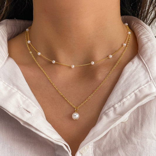 Joyería de moda, colgante de borla de perlas para mujer, collar de doble capa, collar de perlas doradas para mujer