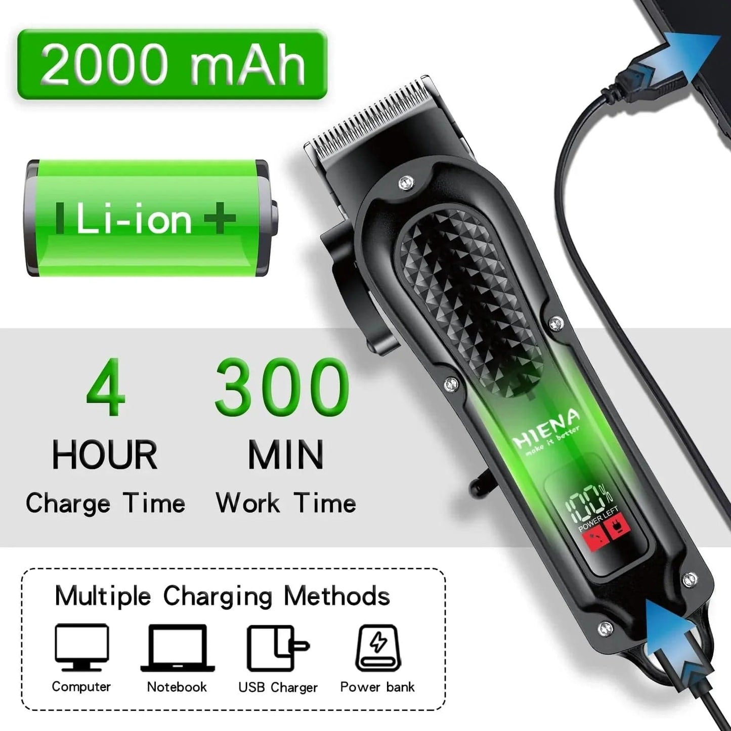 Hiena HYN-212 tondeuse à cheveux électrique UBS Rechargeable sans fil tondeuse à barbe hommes puissant électrique tondeuse à cheveux outil de coupe