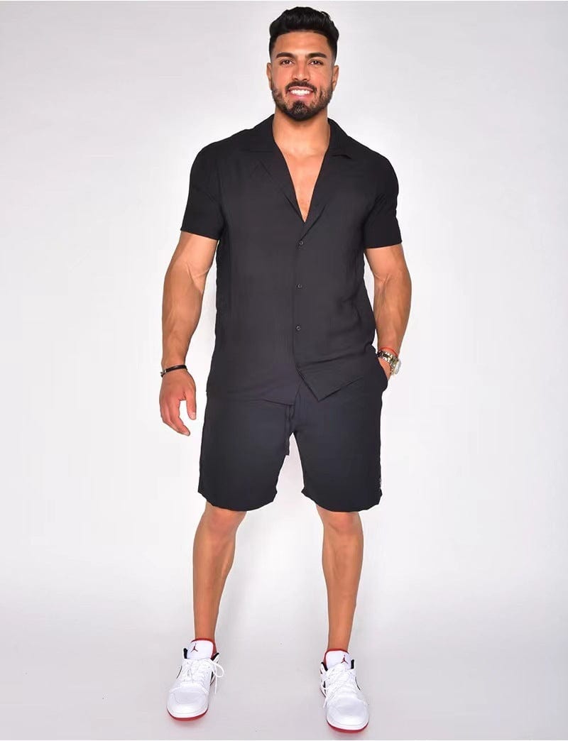 Men's Summer Lapels Cotton Linen Solid Color Short Sleeve Shorts Suit