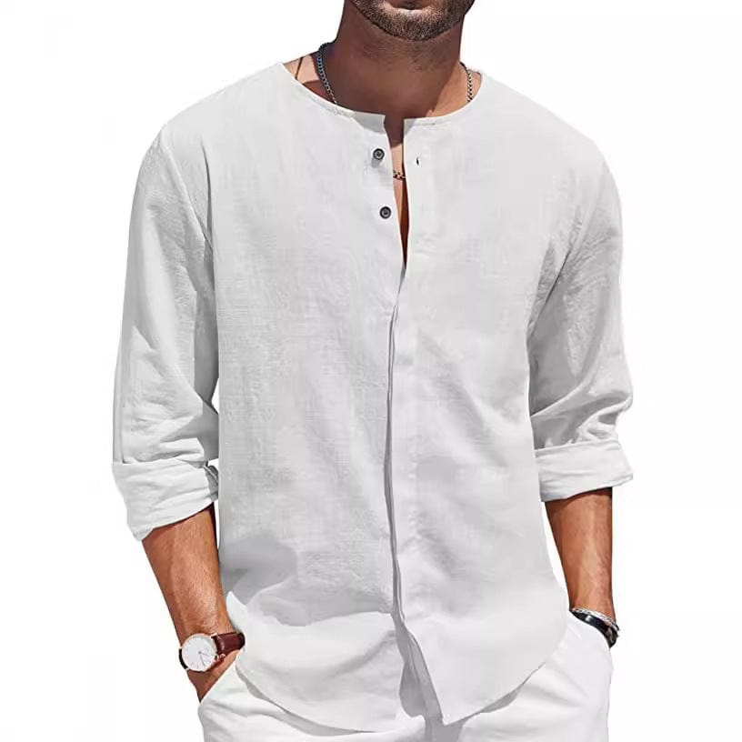 Men's Cotton Linen T-shirt Collar Decorated With Buttons Casual Beach Shirt