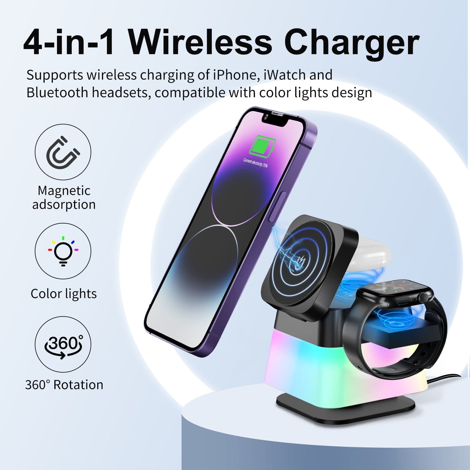 4 In 1 Rotatable Colorful Lighting Wireless Charger Stand For Phone 15 14 13 12 Pro Max 8 7 Holder Magnetic Fast Charging Station.