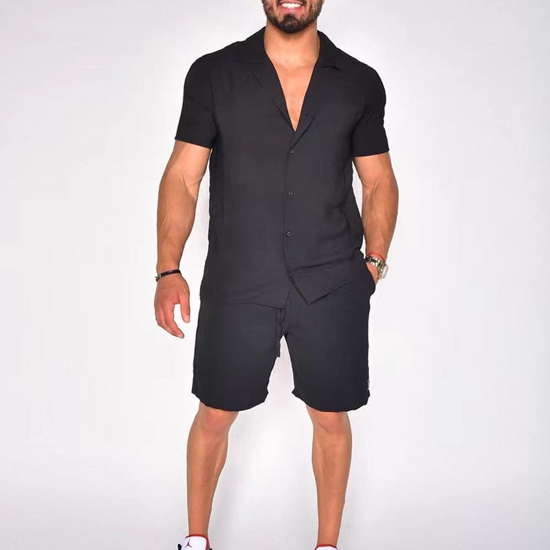 Men's Summer Lapels Cotton Linen Solid Color Short Sleeve Shorts Suit