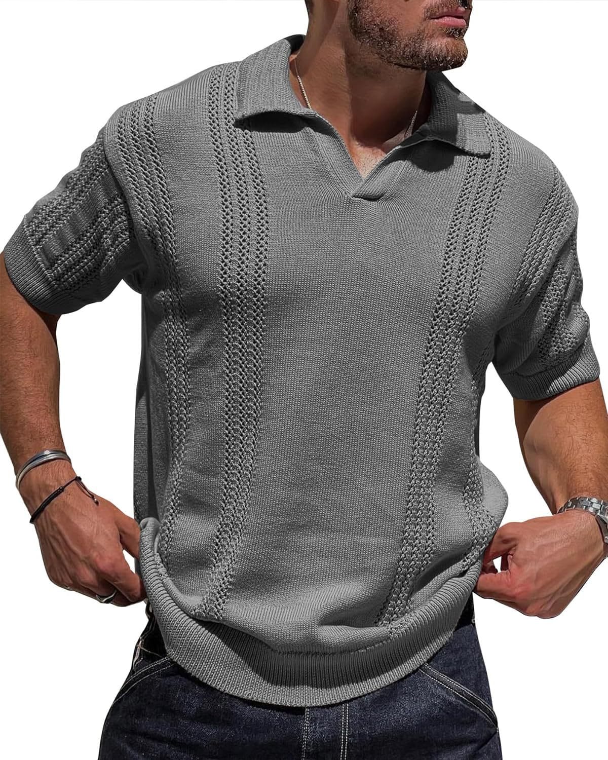 European And American Fashion Men's Knitted Polo Shirt Short Sleeve V-neck Hollow