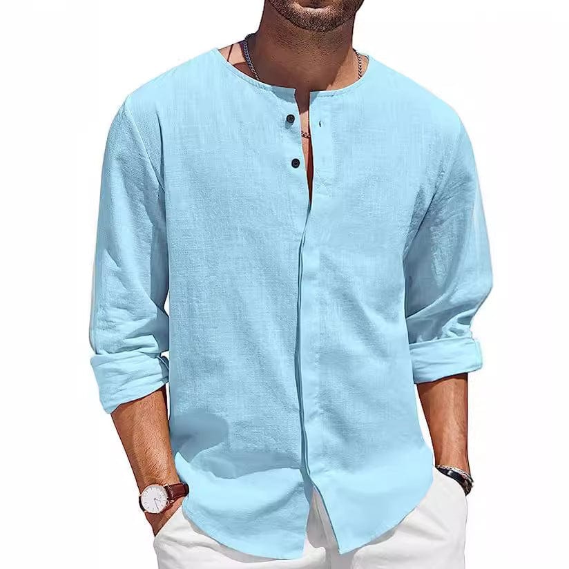 Camiseta de lino y algodón para hombre, cuello decorado con botones, camisa de playa informal